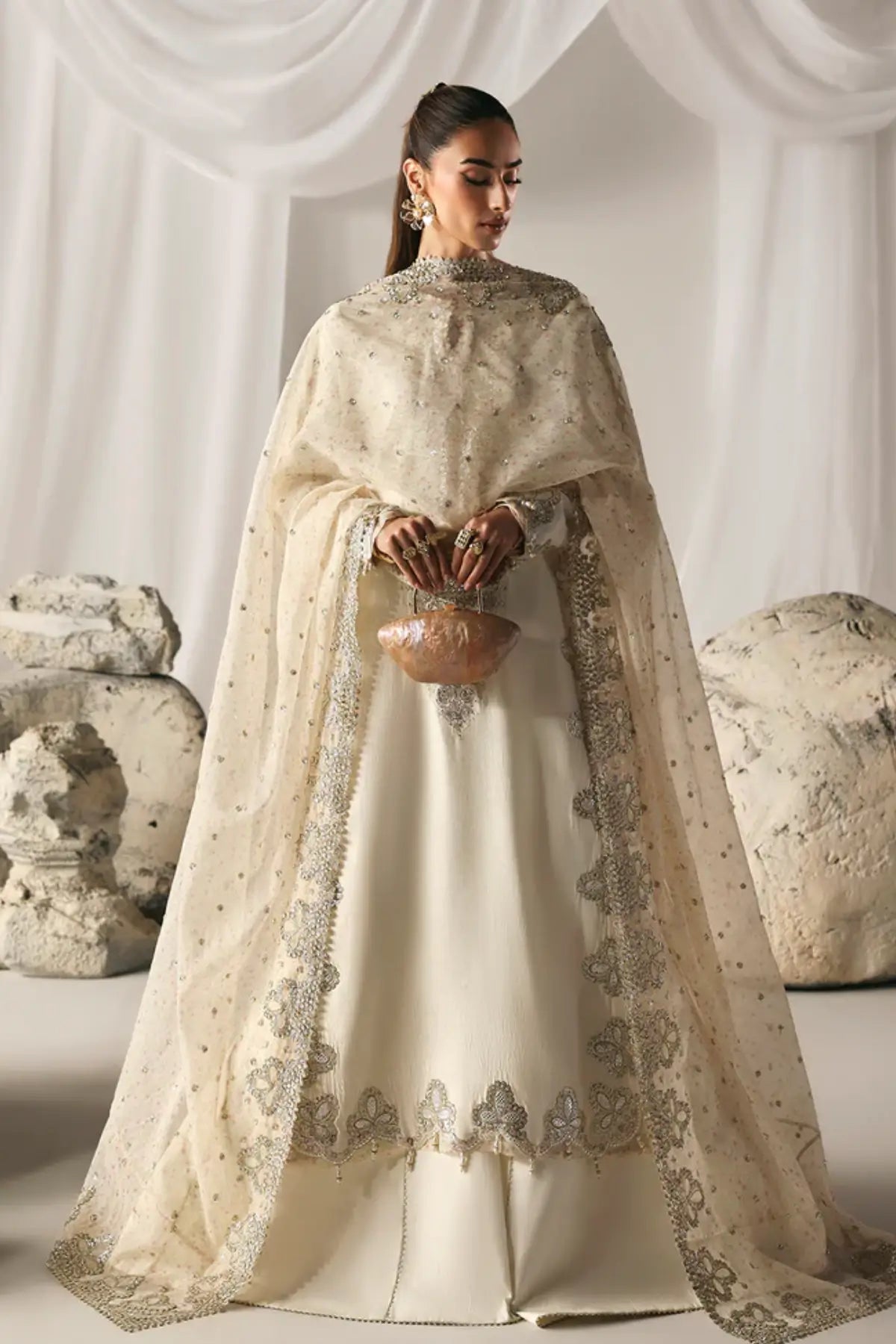 MISTY DAWN ivory stitched silk wedding suit by Emaan Adeel with organza dupatta available online at Pakistanimoda.