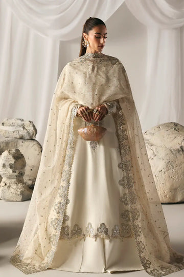 MISTY DAWN ivory stitched silk wedding suit by Emaan Adeel with organza dupatta available online at Pakistanimoda.