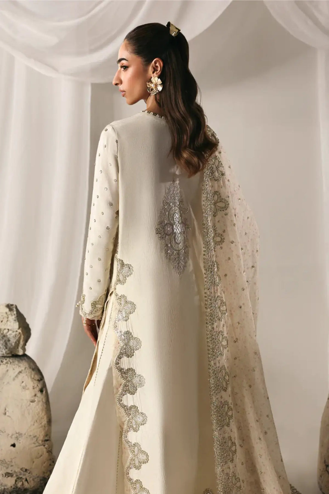 MISTY DAWN ivory stitched silk wedding suit by Emaan Adeel with organza dupatta available online at Pakistanimoda.