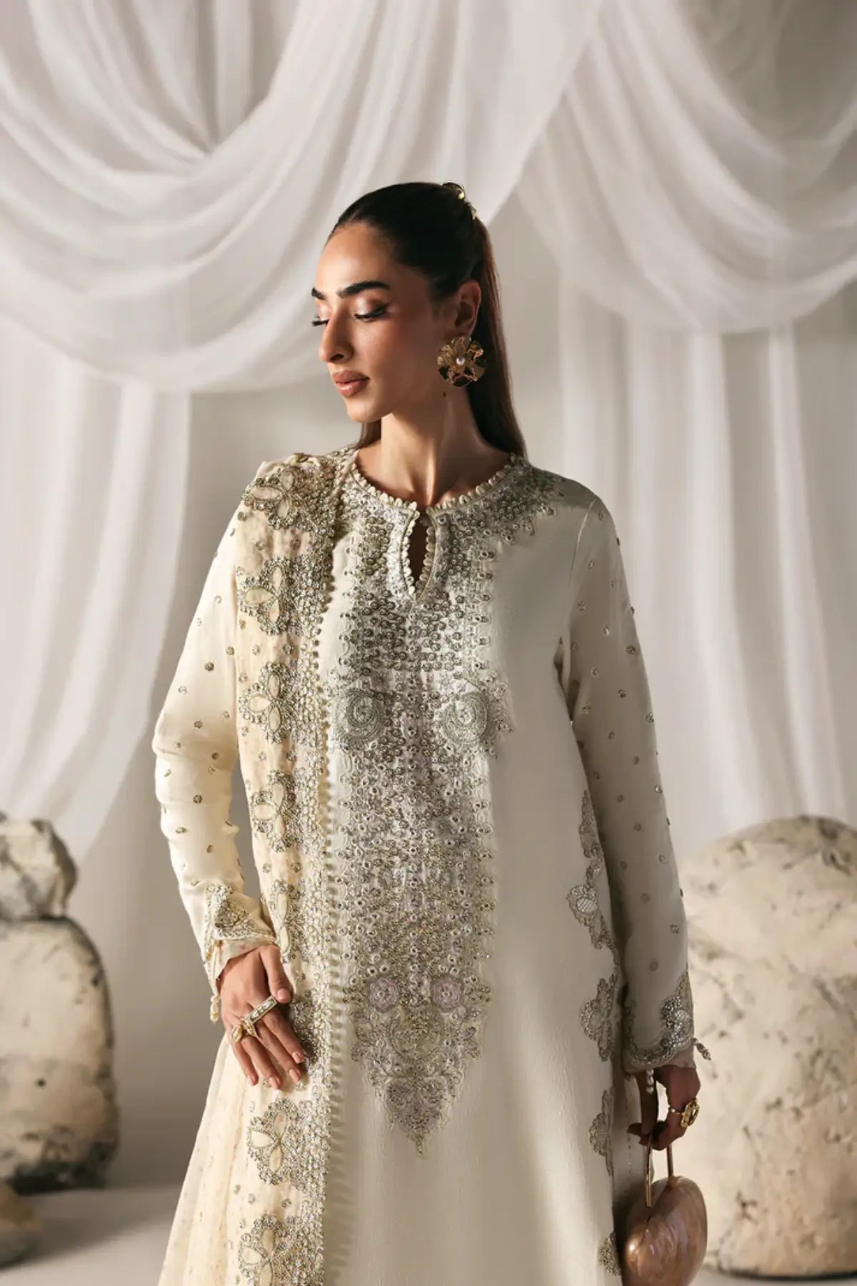 MISTY DAWN ivory stitched silk wedding suit by Emaan Adeel with organza dupatta available online at Pakistanimoda.