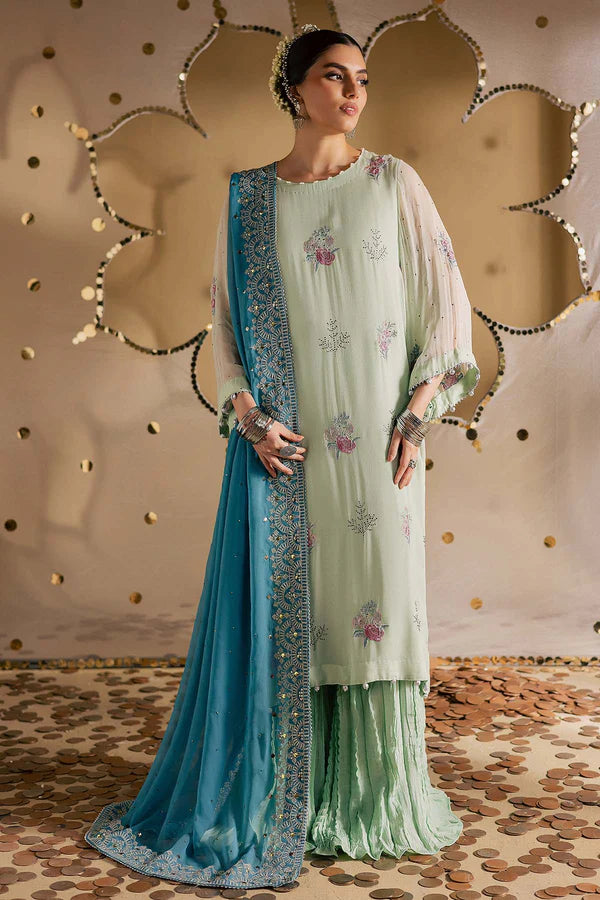 MK-13 Nureh Green Chiffon Mukesh Luxury Formal Suit with embroidered dupatta, organza pallu border, and stitched raw silk trouser.