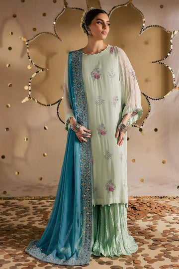 MK-13 Nureh Green Chiffon Mukesh Luxury Formal Suit with embroidered dupatta, organza pallu border, and stitched raw silk trouser.