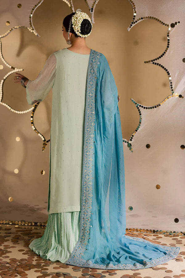 MK-13 Nureh Green Chiffon Mukesh Luxury Formal Suit with embroidered dupatta, organza pallu border, and stitched raw silk trouser.