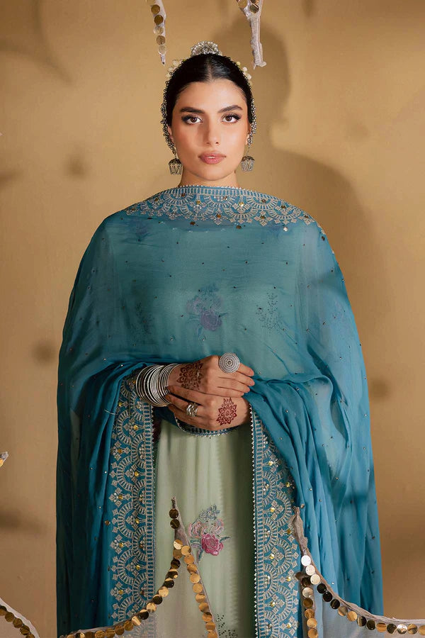 MK-13 Nureh Green Chiffon Mukesh Luxury Formal Suit with embroidered dupatta, organza pallu border, and stitched raw silk trouser.