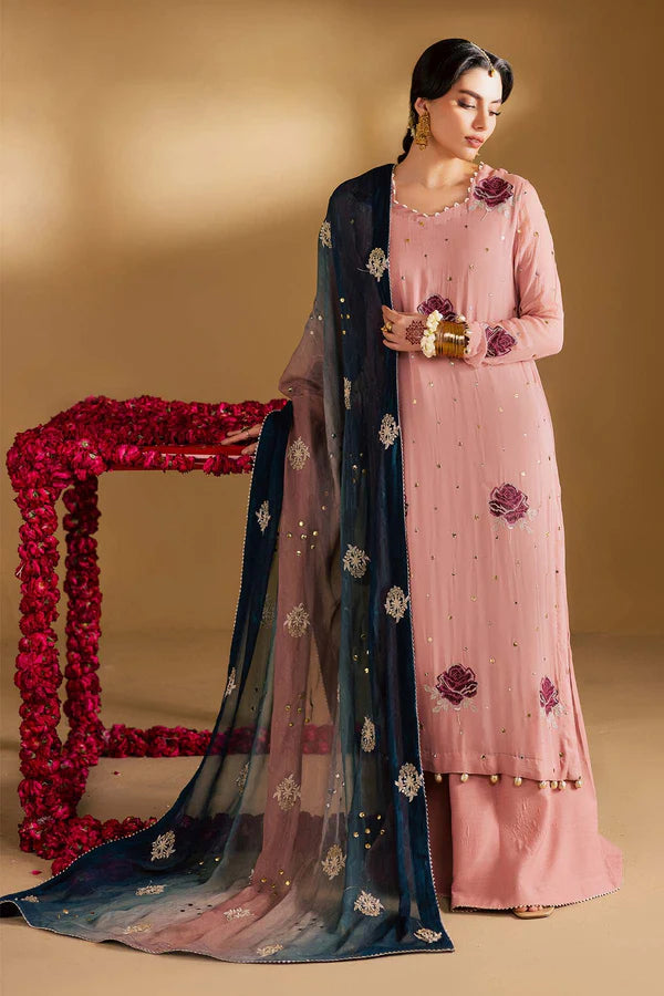 MK-14 Nureh Pink Chiffon Mukesh Suit with embroidered dupatta and raw silk trouser, perfect for wedding events, parties, and festive occasions.