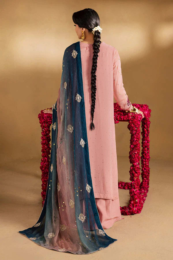 MK-14 Nureh Pink Chiffon Mukesh Suit with embroidered dupatta and raw silk trouser, perfect for wedding events, parties, and festive occasions.
