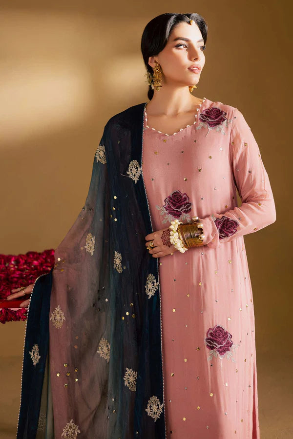 MK-14 Nureh Pink Chiffon Mukesh Suit with embroidered dupatta and raw silk trouser, perfect for wedding events, parties, and festive occasions.