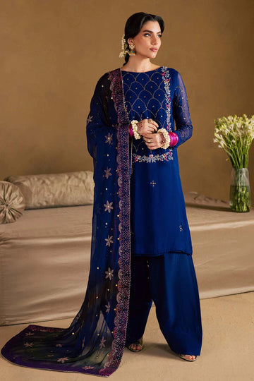 MK-15 Nureh Blue Chiffon Mukesh Farshi Shalwar Kameez Suit with embroidered chiffon dupatta and stitched raw silk farshi shalwar.