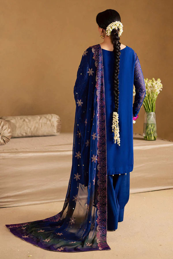 MK-15 Nureh Blue Chiffon Mukesh Farshi Shalwar Kameez Suit with embroidered chiffon dupatta and stitched raw silk farshi shalwar.