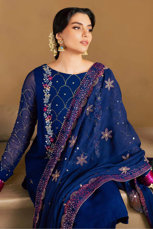MK-15 Nureh Blue Chiffon Mukesh Farshi Shalwar Kameez Suit with embroidered chiffon dupatta and stitched raw silk farshi shalwar.
