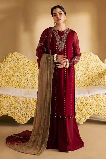 MK-16 Nureh Maroon Chiffon Mukeshkari Dress with embroidered chiffon dupatta, raw silk trouser, and stitched designer finish.