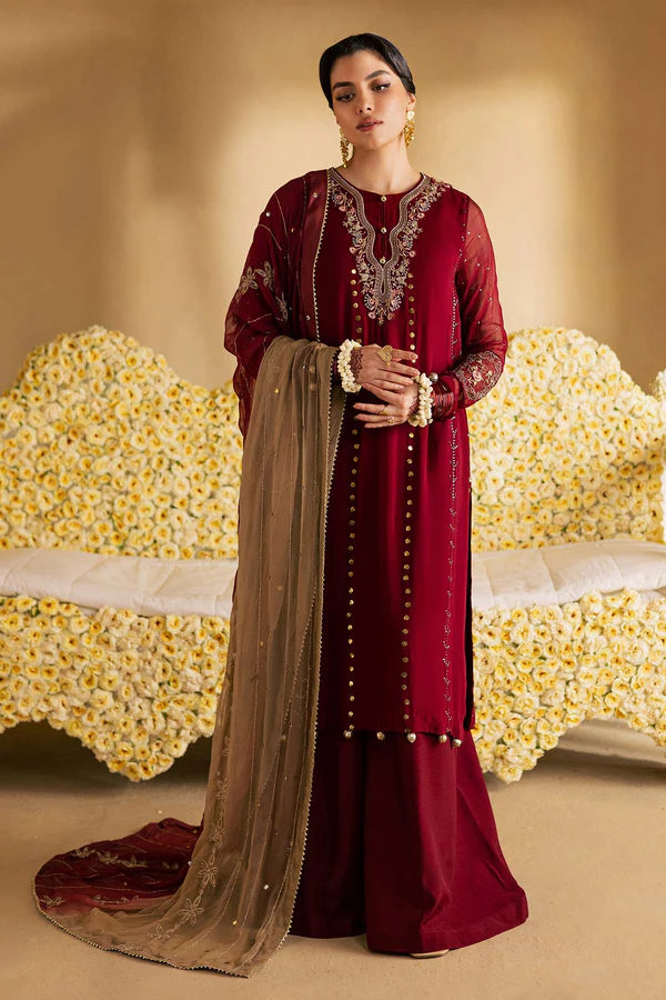 MK-16 Nureh Maroon Chiffon Mukeshkari Dress with embroidered chiffon dupatta, raw silk trouser, and stitched designer finish.