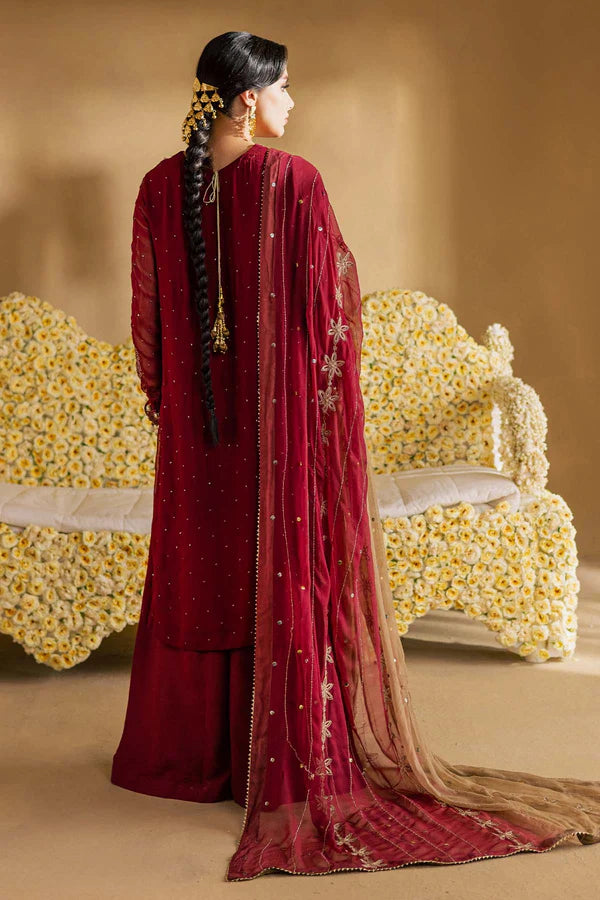 MK-16 Nureh Maroon Chiffon Mukeshkari Dress with embroidered chiffon dupatta, raw silk trouser, and stitched designer finish.