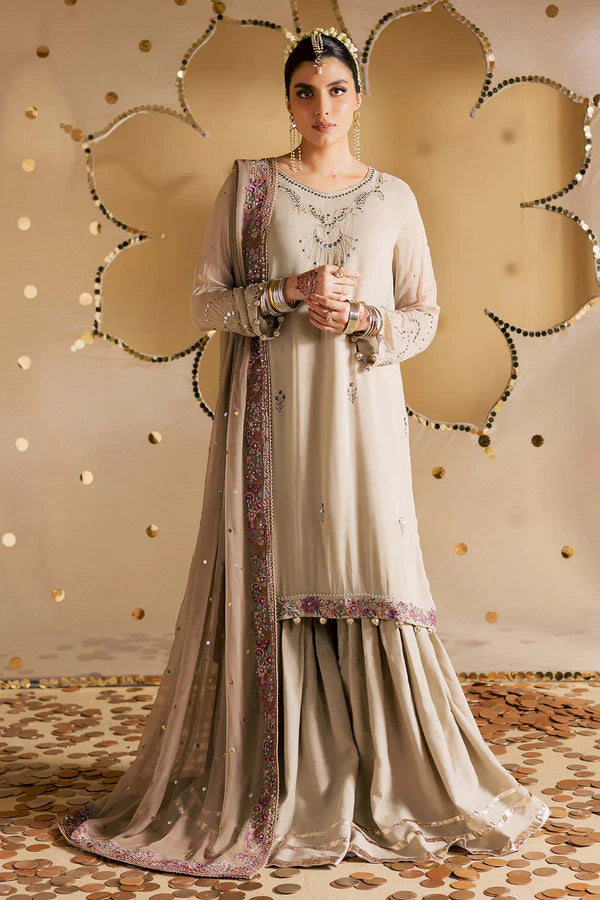 MK-17 Pakistani Beige Chiffon Mukesh Gharara Suit by Nureh with embroidered chiffon dupatta, organza pallu border, and stitched raw silk gharara.