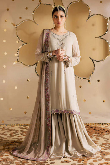 MK-17 Pakistani Beige Chiffon Mukesh Gharara Suit by Nureh with embroidered chiffon dupatta, organza pallu border, and stitched raw silk gharara.
