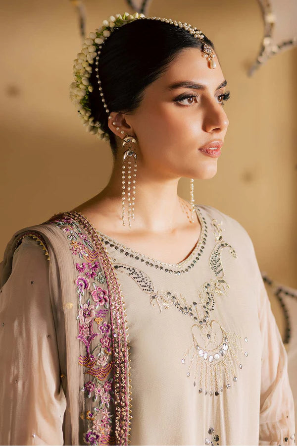 MK-17 Pakistani Beige Chiffon Mukesh Gharara Suit by Nureh with embroidered chiffon dupatta, organza pallu border, and stitched raw silk gharara.