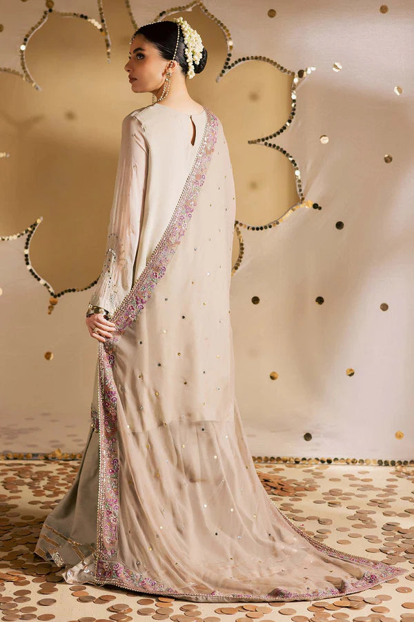 MK-17 Pakistani Beige Chiffon Mukesh Gharara Suit by Nureh with embroidered chiffon dupatta, organza pallu border, and stitched raw silk gharara.