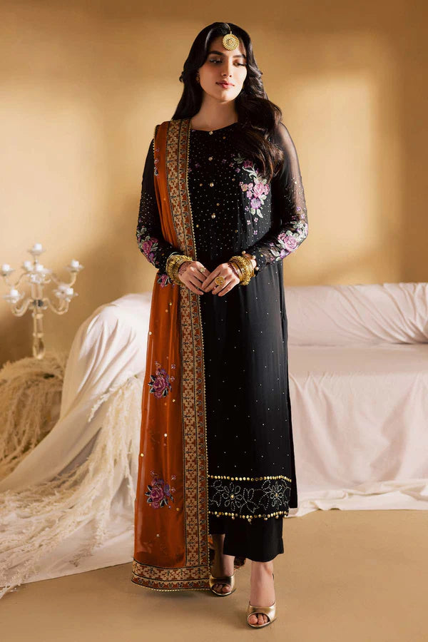 MK-18 Black Chiffon Mukeshkari Dress by Nureh with embroidered dupatta, organza pallu border, and raw silk trouser.