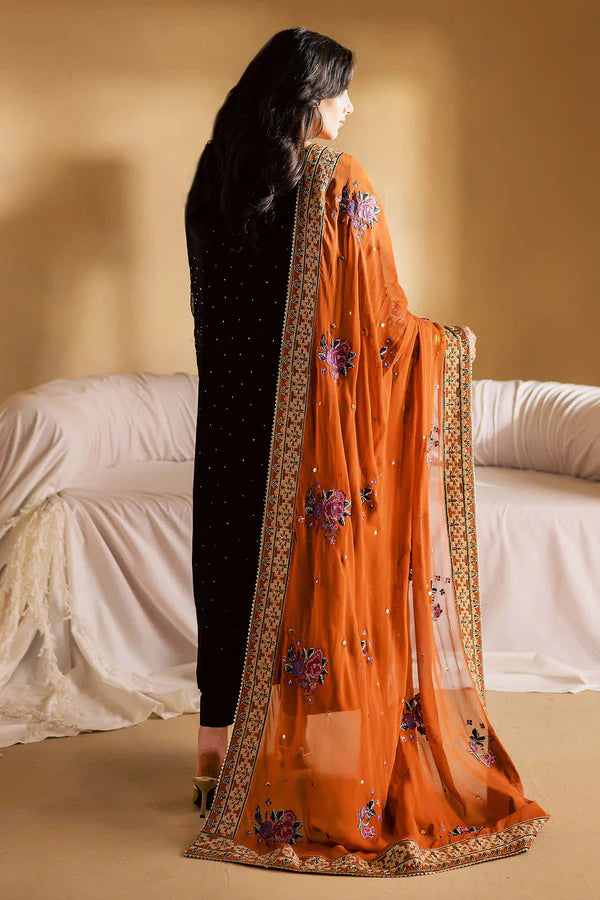 MK-18 Black Chiffon Mukeshkari Dress by Nureh with embroidered dupatta, organza pallu border, and raw silk trouser.