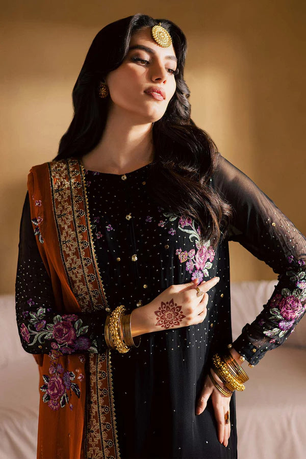 MK-18 Black Chiffon Mukeshkari Dress by Nureh with embroidered dupatta, organza pallu border, and raw silk trouser.