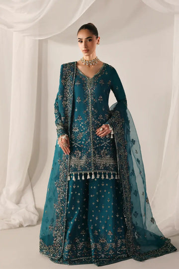 MOONLIT NIGHT Emaan Adeel teal stitched raw silk formal wear with organza dupatta Pakistanimoda.
