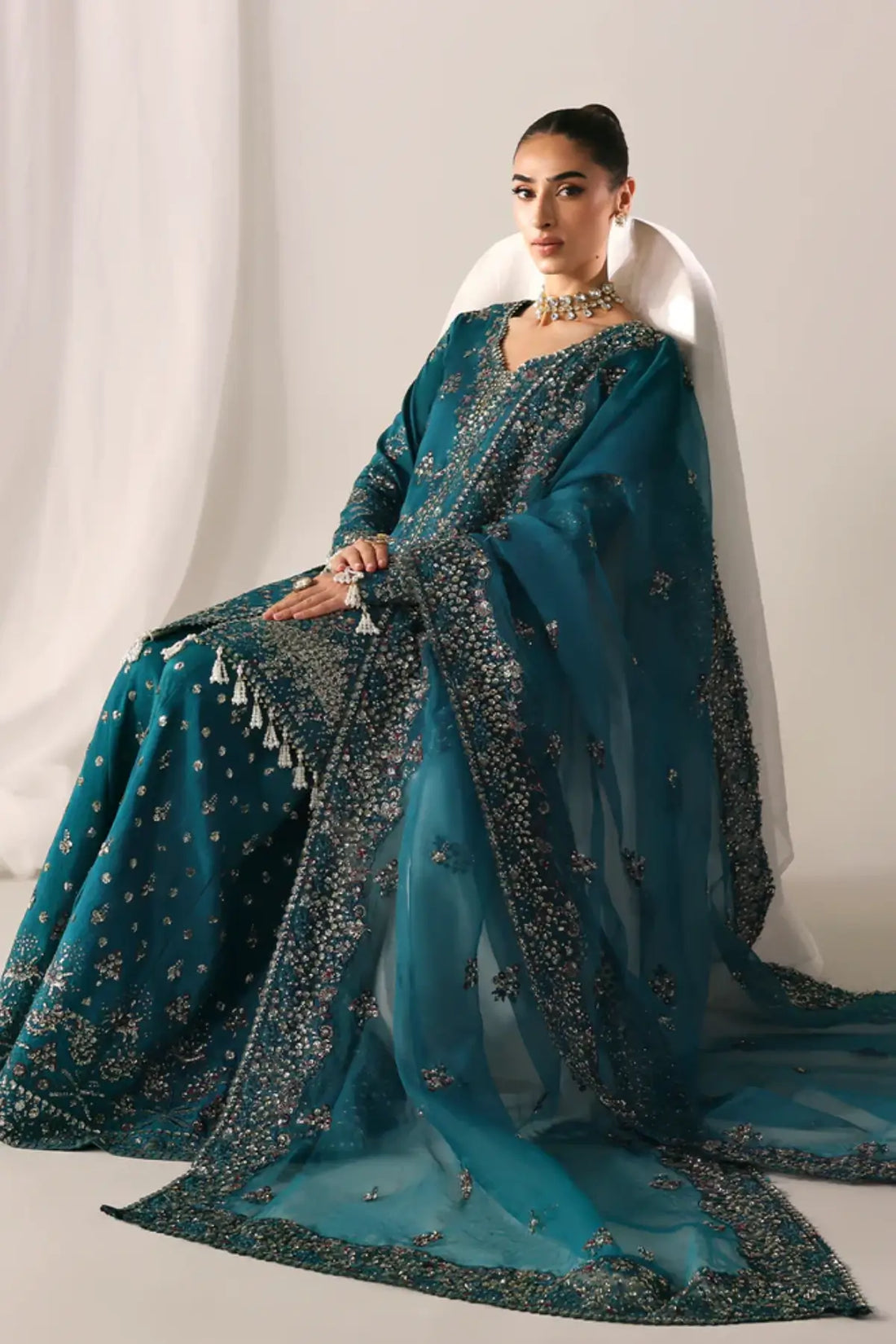 MOONLIT NIGHT Emaan Adeel teal stitched raw silk formal wear with organza dupatta Pakistanimoda.