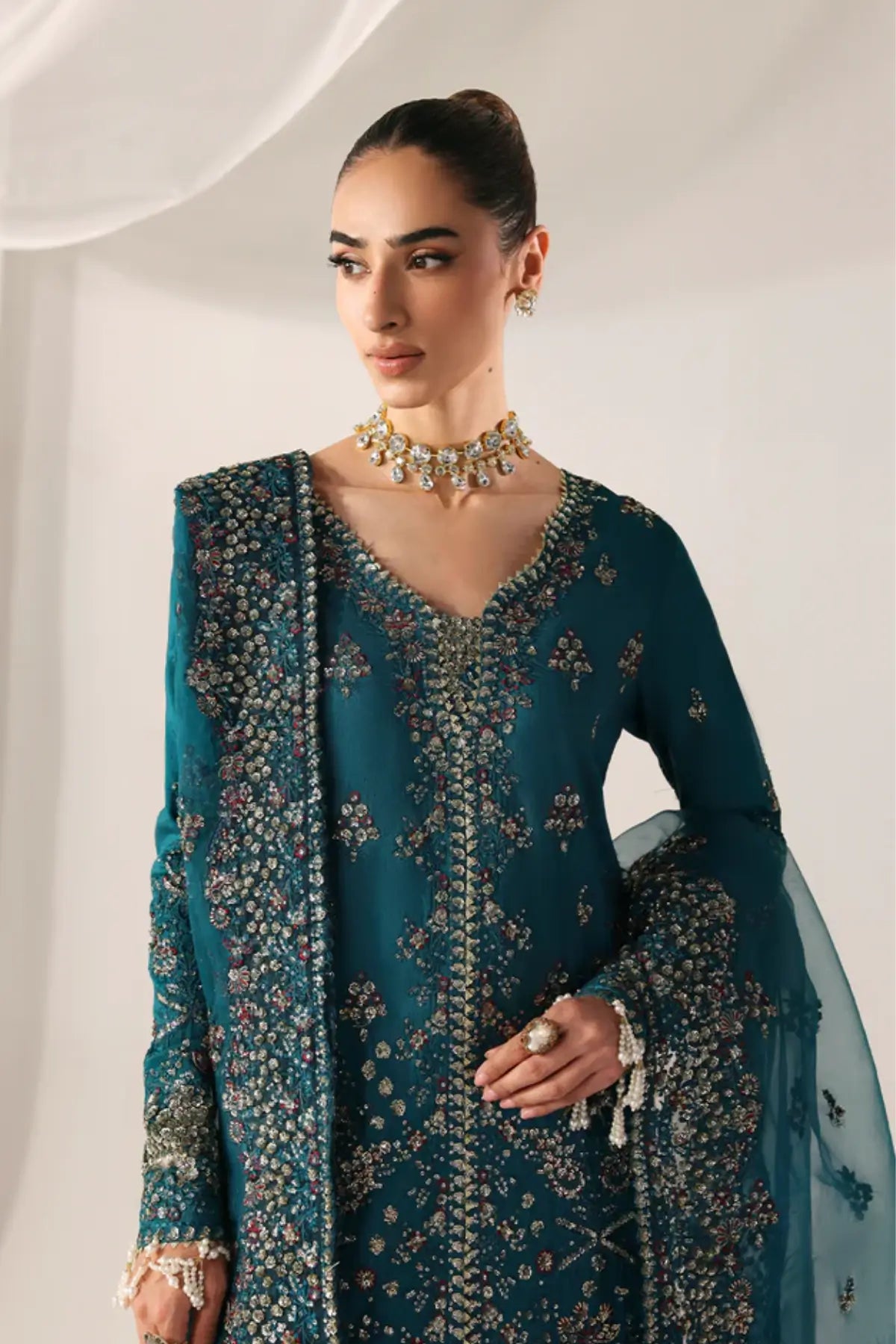 MOONLIT NIGHT Emaan Adeel teal stitched raw silk formal wear with organza dupatta Pakistanimoda.