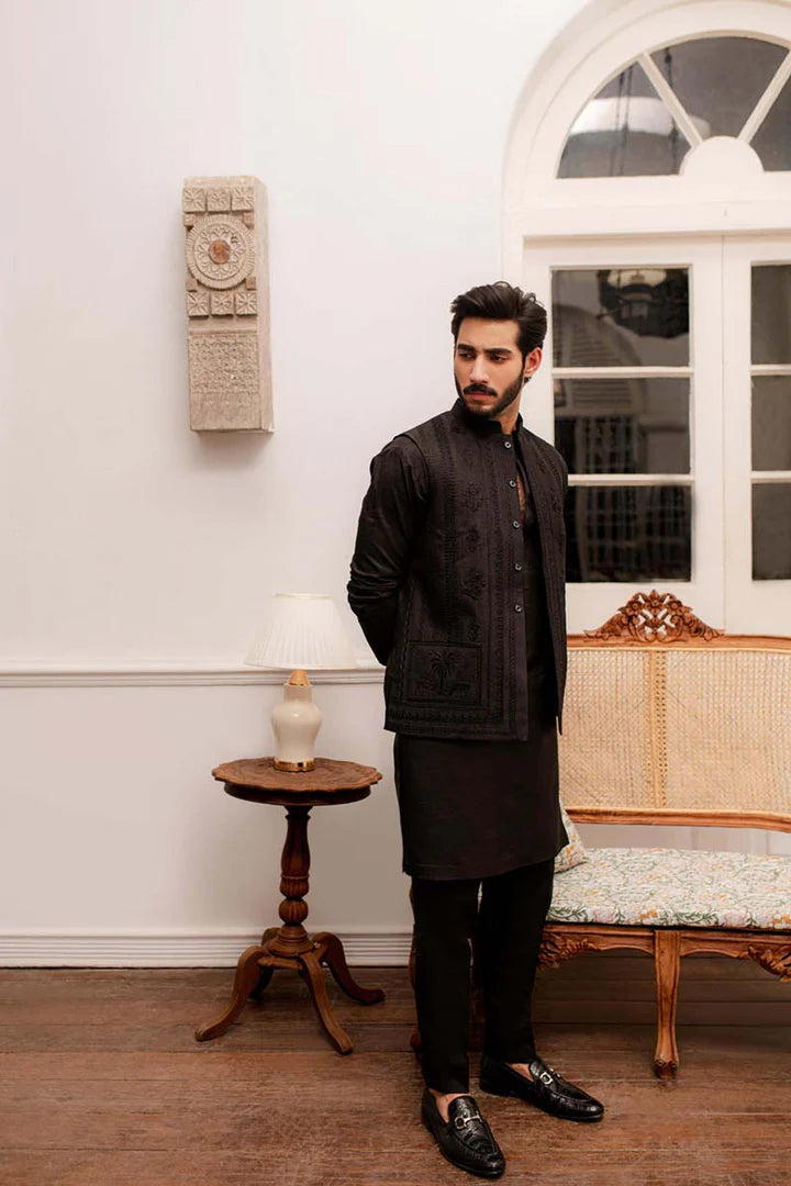 MP-02- Black Raw Silk Kurta Set With Tonal Embroideed Waistcoat