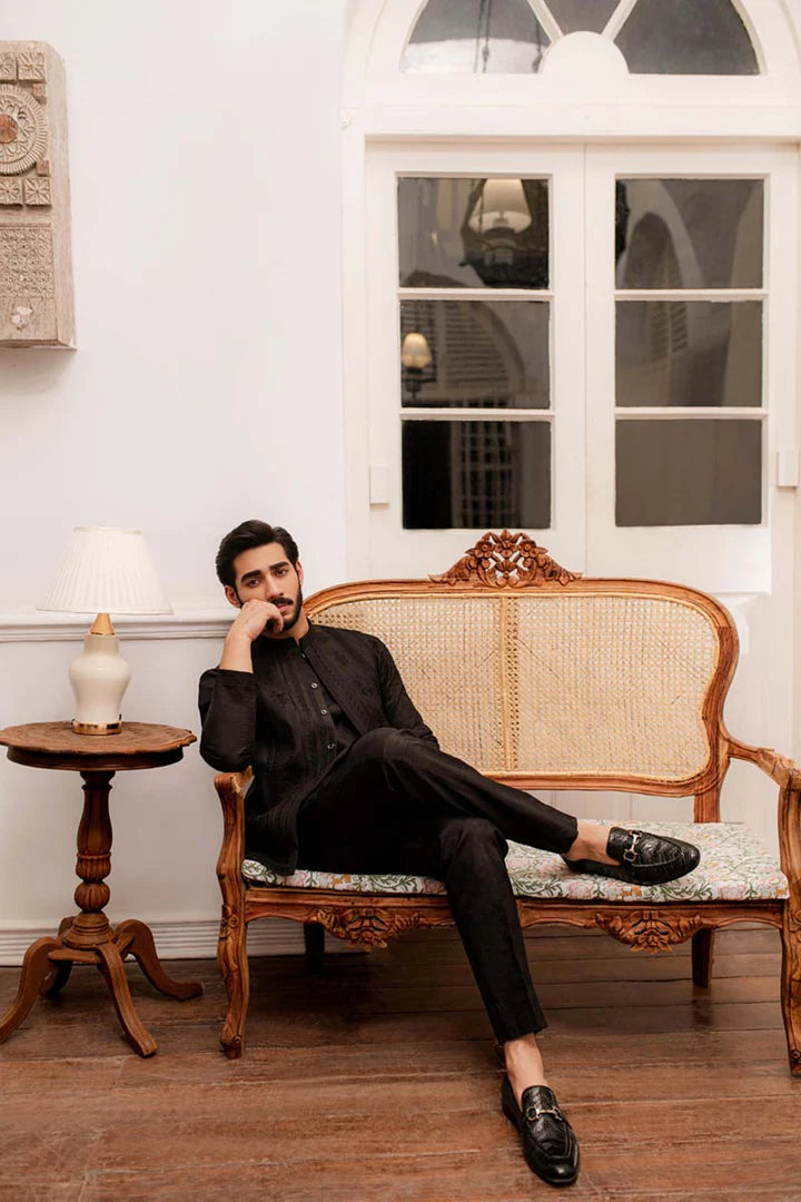 MP-02- Black Raw Silk Kurta Set With Tonal Embroideed Waistcoat