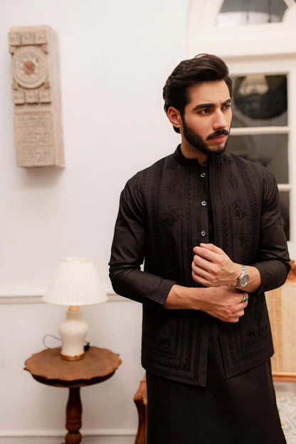 MP-02- Black Raw Silk Kurta Set With Tonal Embroideed Waistcoat
