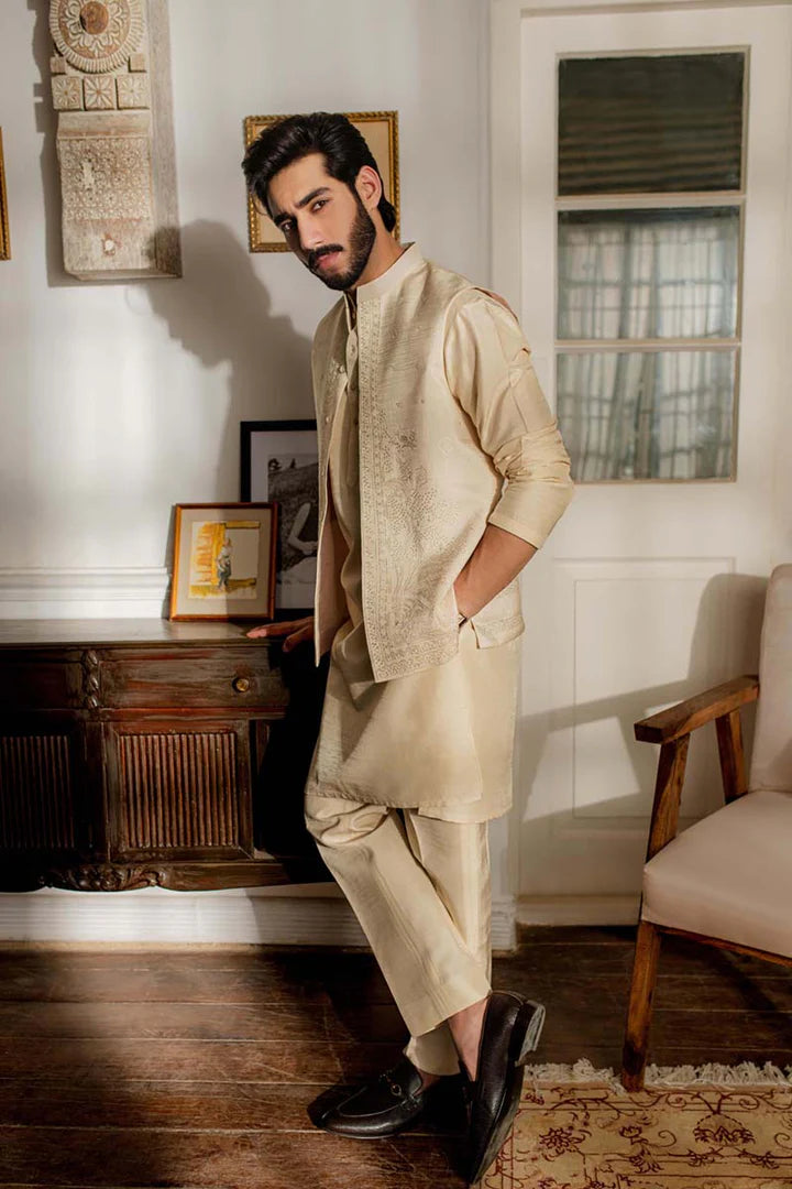 MP-05- Dutch White Kurta Trouser Set With Embroidered Waistcoat