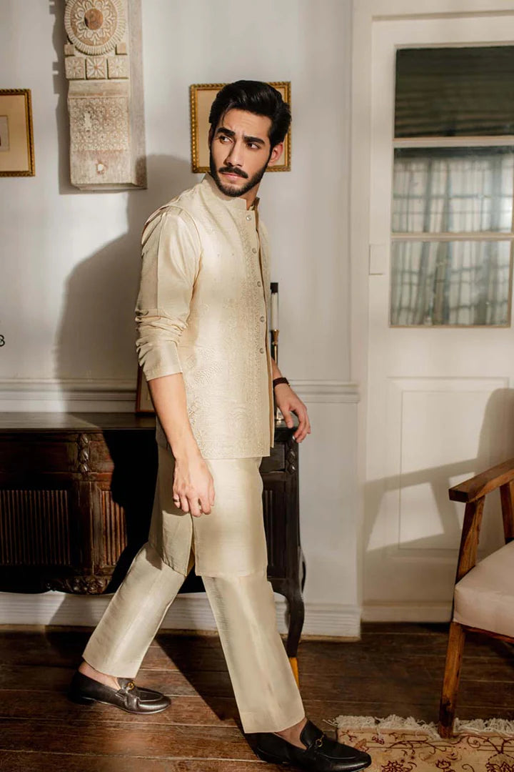 MP-05- Dutch White Kurta Trouser Set With Embroidered Waistcoat