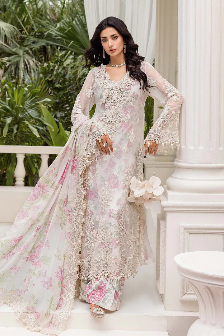 MPC-25-101 Maria B Off White Chiffon Stitched Embroidered Suit with Pearls, Raw Silk Trouser & Printed Dupatta – Order Worldwide at Pakistanimoda.com