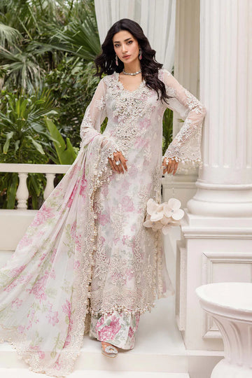 MPC-25-101 Maria B Off White Chiffon Stitched Embroidered Suit with Pearls, Raw Silk Trouser & Printed Dupatta – Order Worldwide at Pakistanimoda.com