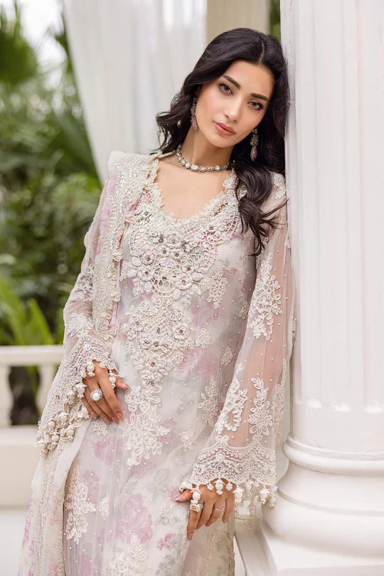 MPC-25-101 Maria B Off White Chiffon Stitched Embroidered Suit with Pearls, Raw Silk Trouser & Printed Dupatta – Order Worldwide at Pakistanimoda.com