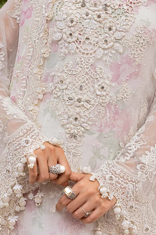 MPC-25-101 Maria B Off White Chiffon Stitched Embroidered Suit with Pearls, Raw Silk Trouser & Printed Dupatta – Order Worldwide at Pakistanimoda.com