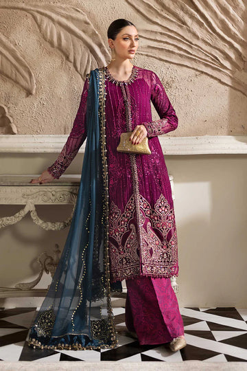 MPC-25-102 Maria B Plum Chiffon Stitched Formal Suit with Velvet Embroidery, Raw Silk Trouser & Dupatta – Pakistanimoda.com