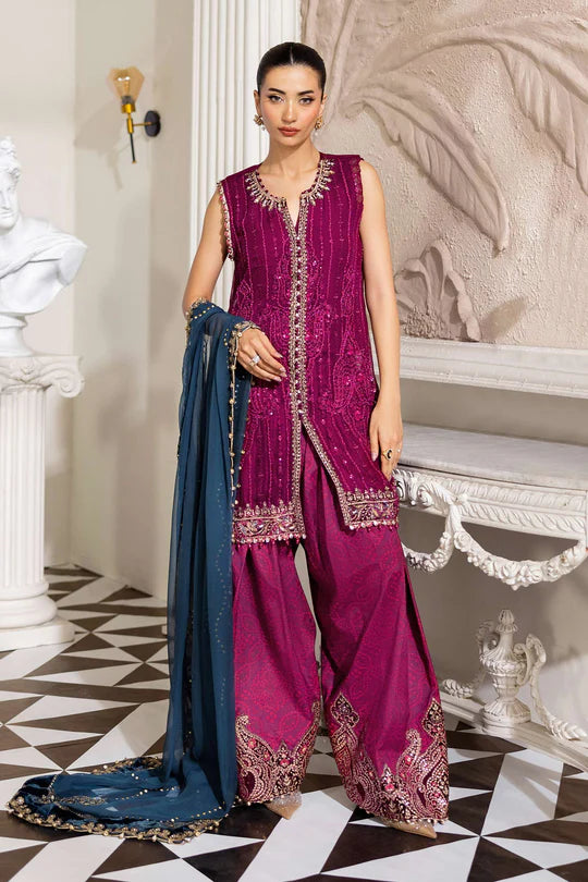 MPC-25-102 Maria B Plum Chiffon Stitched Formal Suit with Velvet Embroidery, Raw Silk Trouser & Dupatta – Pakistanimoda.com