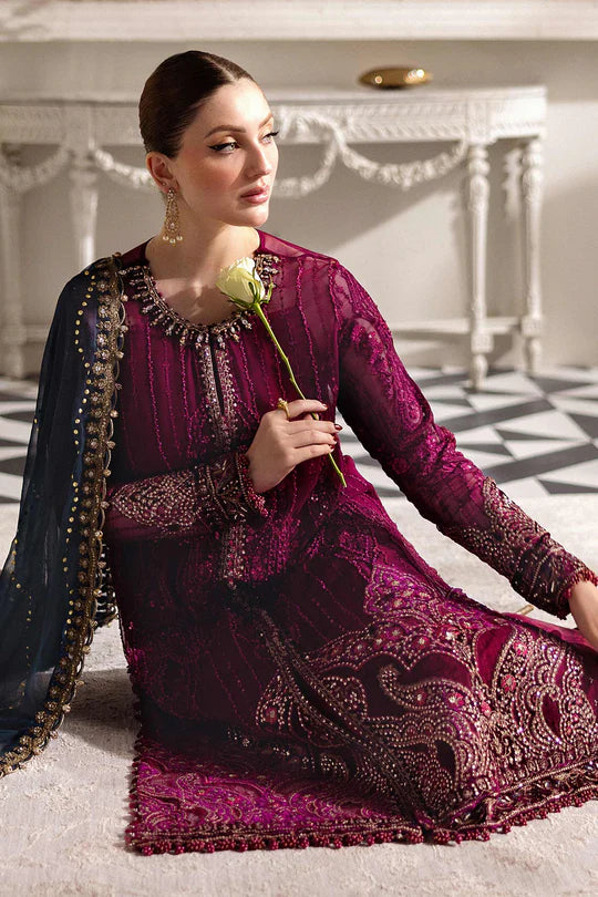 MPC-25-102 Maria B Plum Chiffon Stitched Formal Suit with Velvet Embroidery, Raw Silk Trouser & Dupatta – Pakistanimoda.com