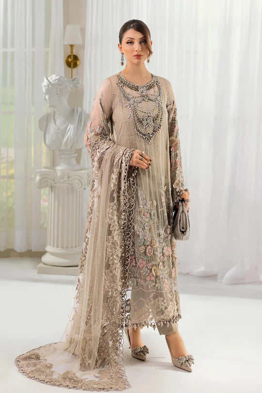 MPC-25-107 Maria B Stitched Coffee Chiffon Embroidered Suit with 3D Florals, Diamantes & Net Dupatta – Pakistanimoda.com