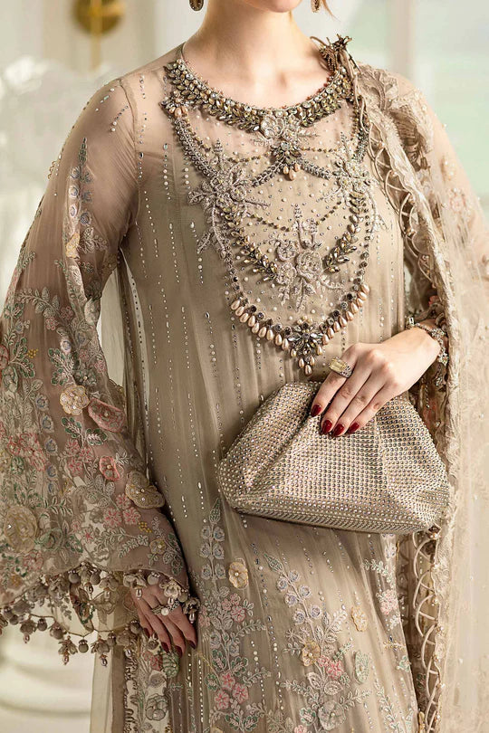 MPC-25-107 Maria B Stitched Coffee Chiffon Embroidered Suit with 3D Florals, Diamantes & Net Dupatta – Pakistanimoda.com