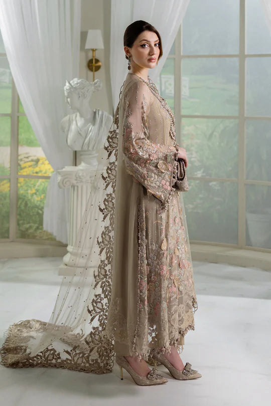MPC-25-107 Maria B Stitched Coffee Chiffon Embroidered Suit with 3D Florals, Diamantes & Net Dupatta – Pakistanimoda.com