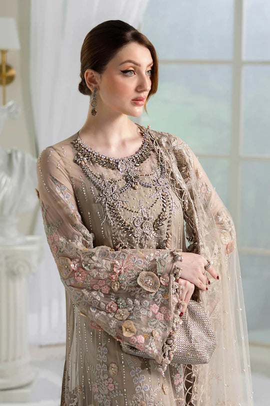 MPC-25-107 Maria B Stitched Coffee Chiffon Embroidered Suit with 3D Florals, Diamantes & Net Dupatta – Pakistanimoda.com