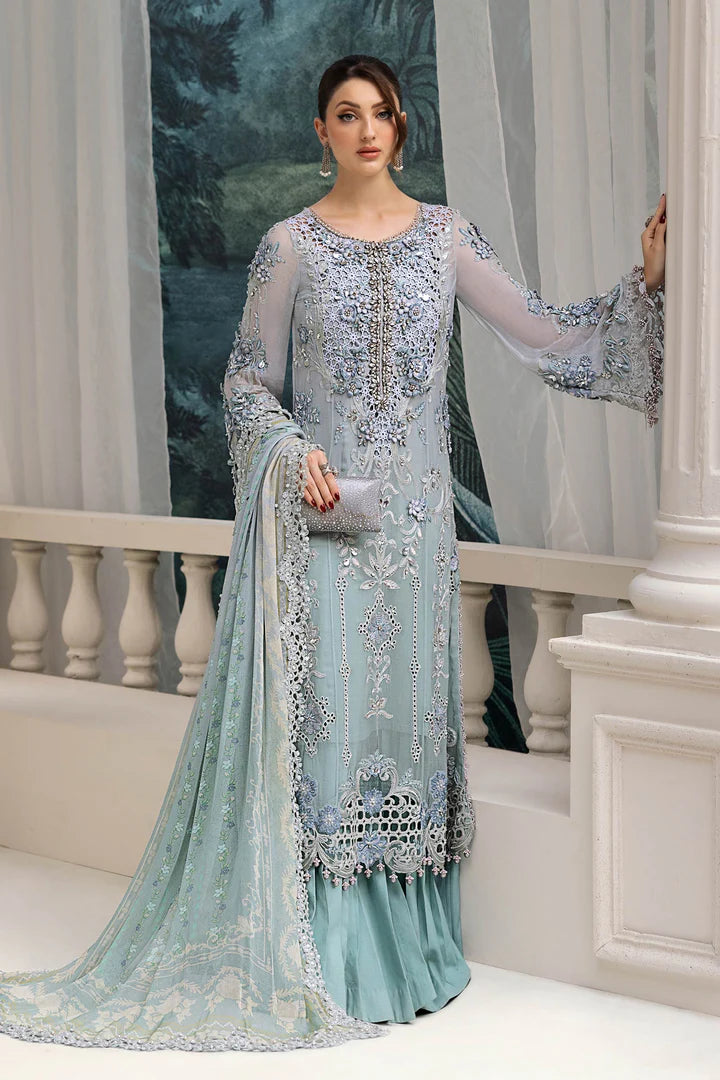 Stitched Maria B Chiffon Collection MPC-25-108 Aqua to Sea Green Embroidered Chiffon Suit with Dupatta & Raw Silk Trouser – Pakistanimoda.com