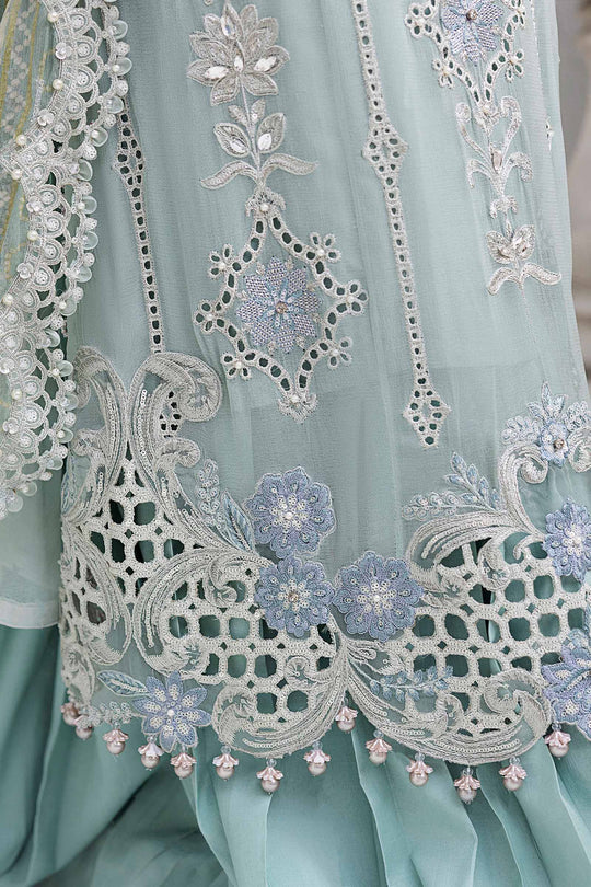 Stitched Maria B Chiffon Collection MPC-25-108 Aqua to Sea Green Embroidered Chiffon Suit with Dupatta & Raw Silk Trouser – Pakistanimoda.com