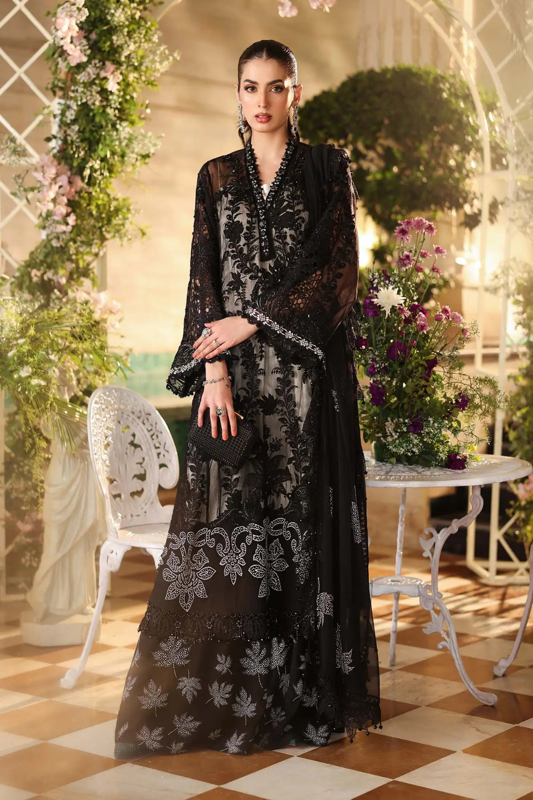 Maria B black embroidered chiffon stitched suit with diamantes