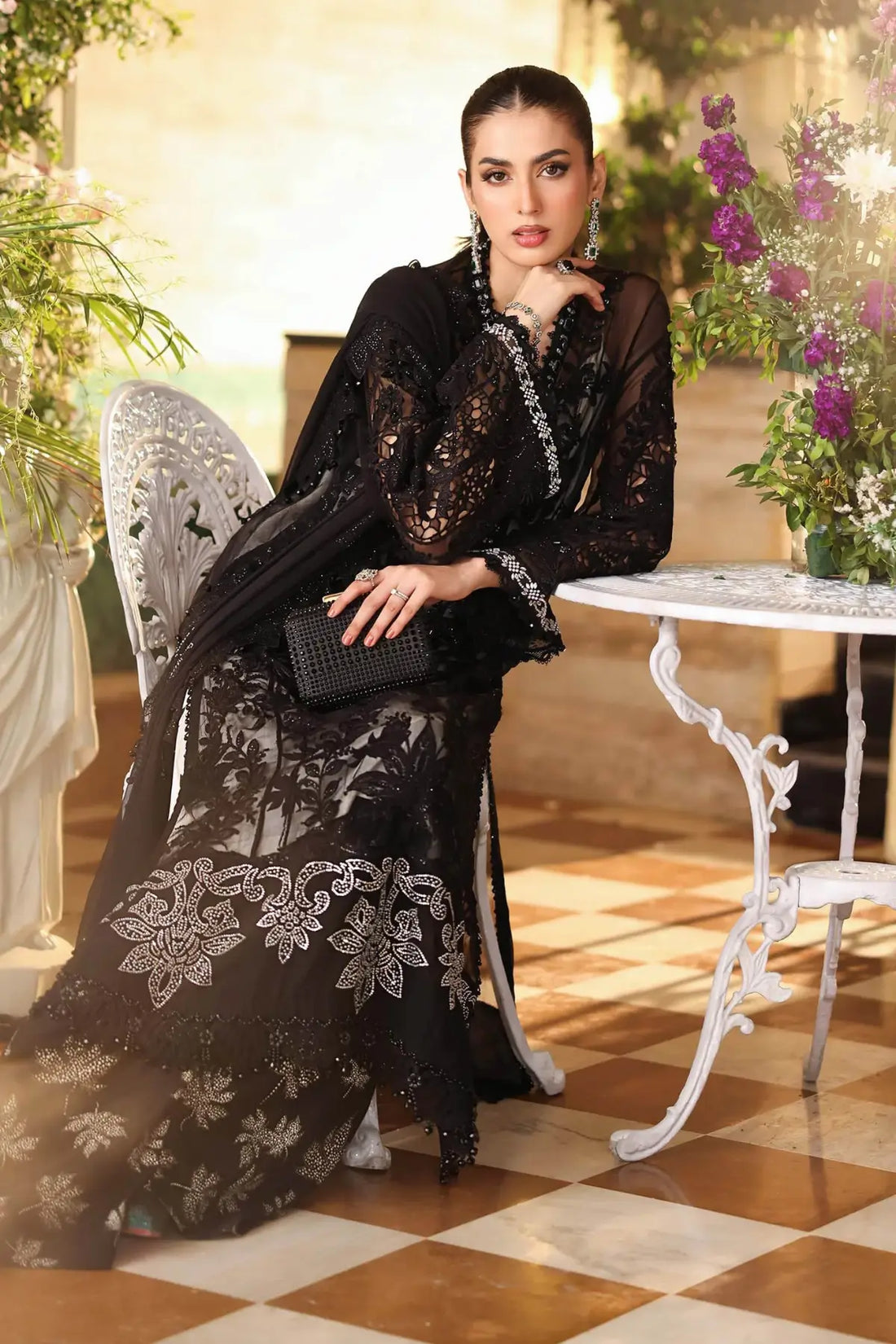 Maria B black embroidered chiffon stitched suit with diamantes