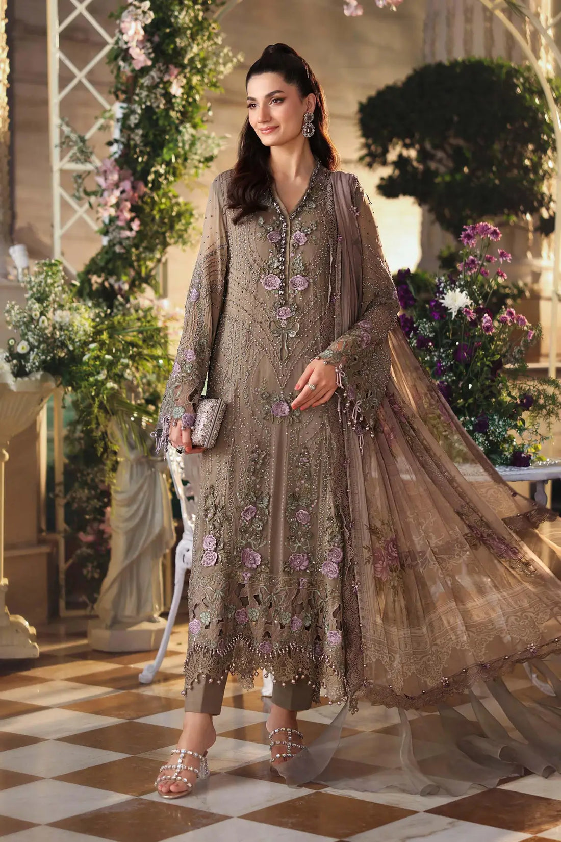 Maria B mouse grey embroidered chiffon stitched suit with chiffon dupatta for Eid