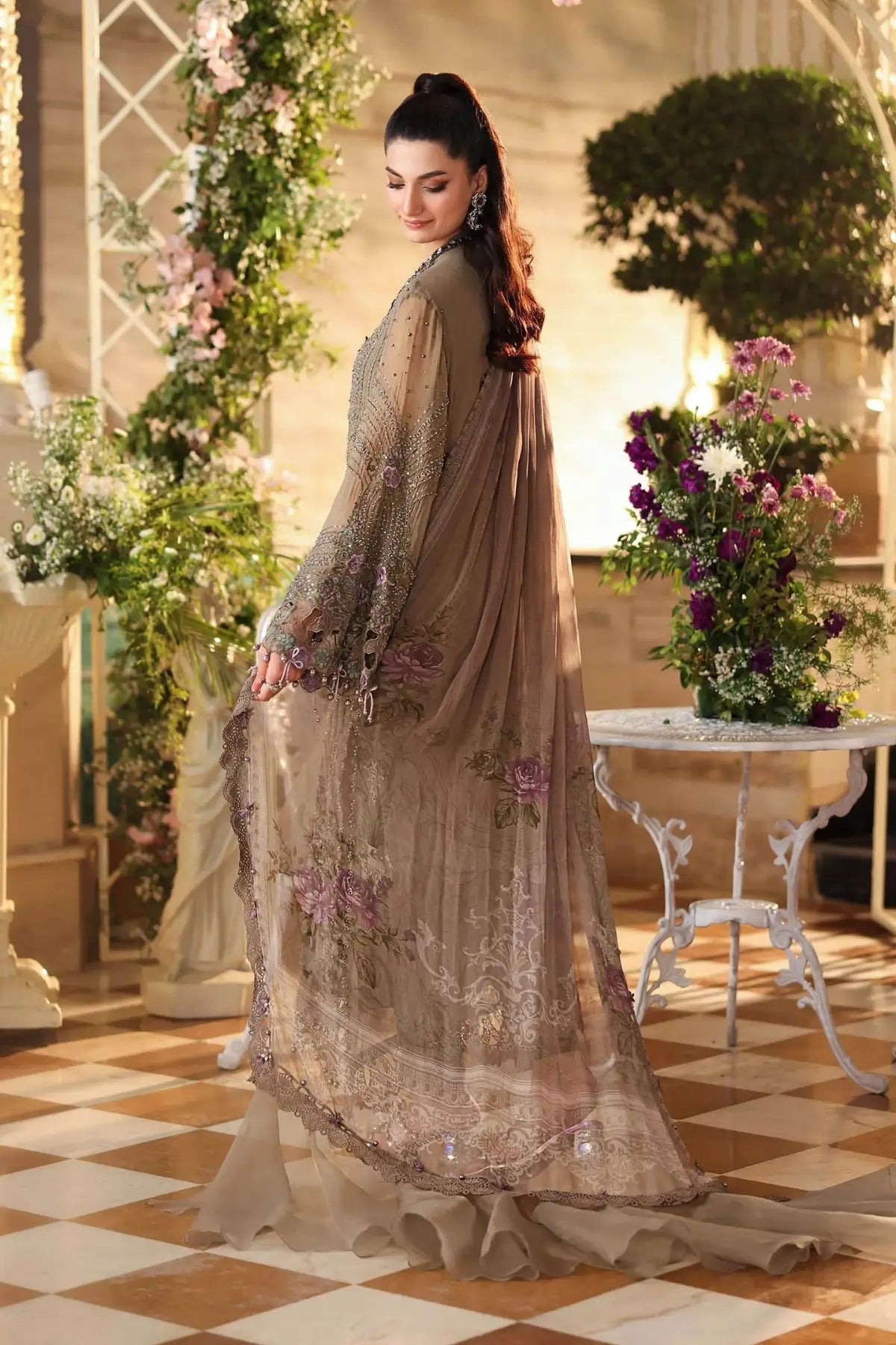Maria B mouse grey embroidered chiffon stitched suit with chiffon dupatta for Eid