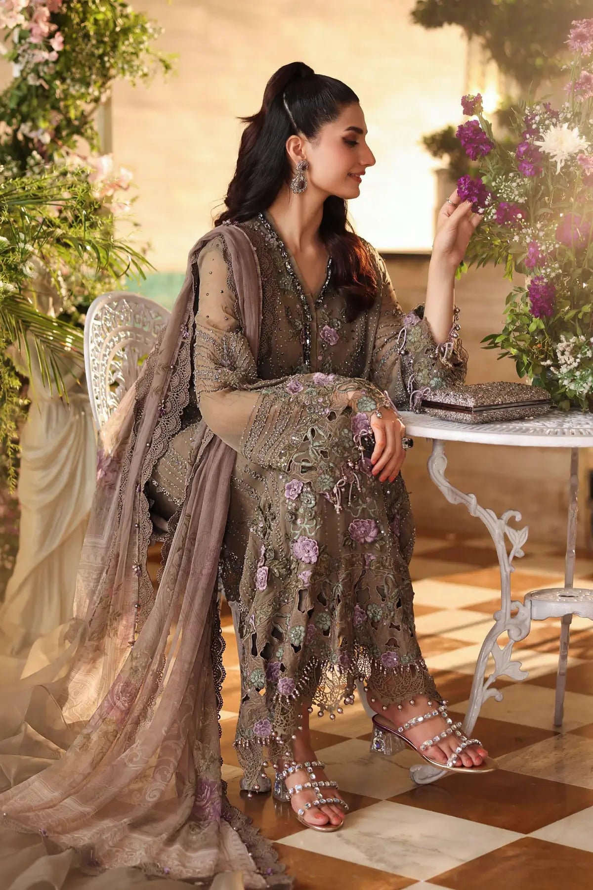 Maria B mouse grey embroidered chiffon stitched suit with chiffon dupatta for Eid